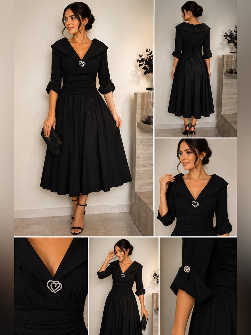 Jessica Howard Black V-Neck Midi Dress with Decorative Heart Pendant